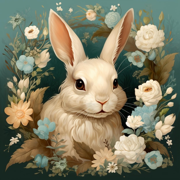 há um coelho branco sentado em uma moldura floral ai generativa