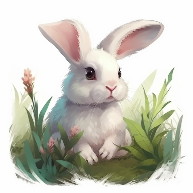 Há um coelho branco sentado na grama com flores generativas ai