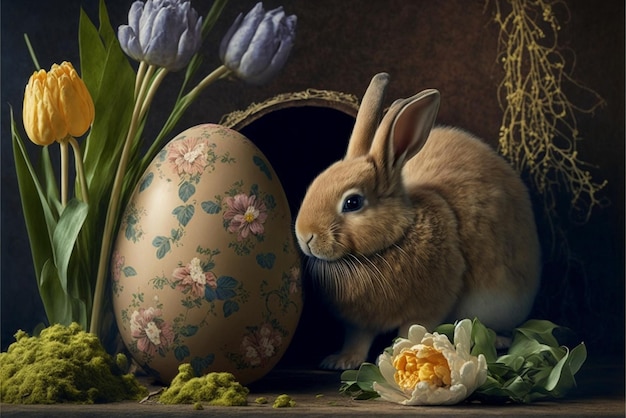 Há um coelho na cesta com flores e arranjo de flores generativo ai