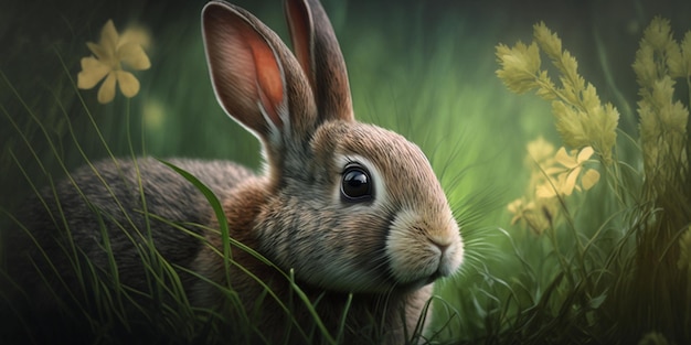 Há um coelho na grama com fundo flor generativo ai