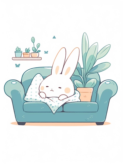 Foto há um coelho que está a dormir num sofá.