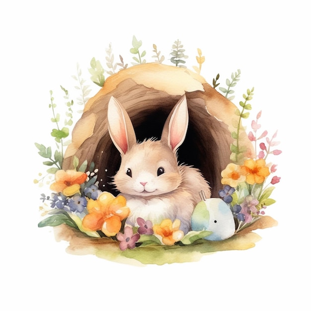 Há um coelho que está sentado em um buraco com flores generativo ai
