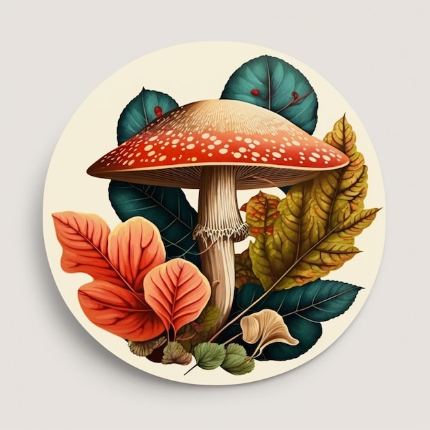 há um cogumelo com folhas e um cogumello em um prato generativo ai