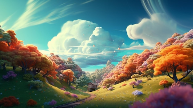 Foto há um comboio a atravessar uma floresta colorida com um céu de fundo generativo ai