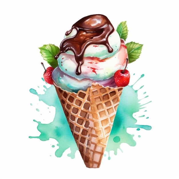 Há um cone de sorvete com chocolate e morangos no topo.