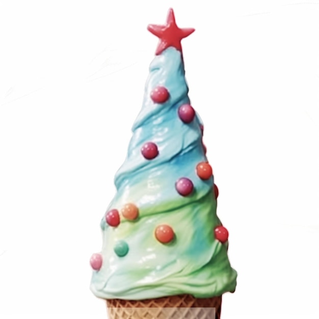 Há um cone de sorvete com uma árvore de natal no topo.