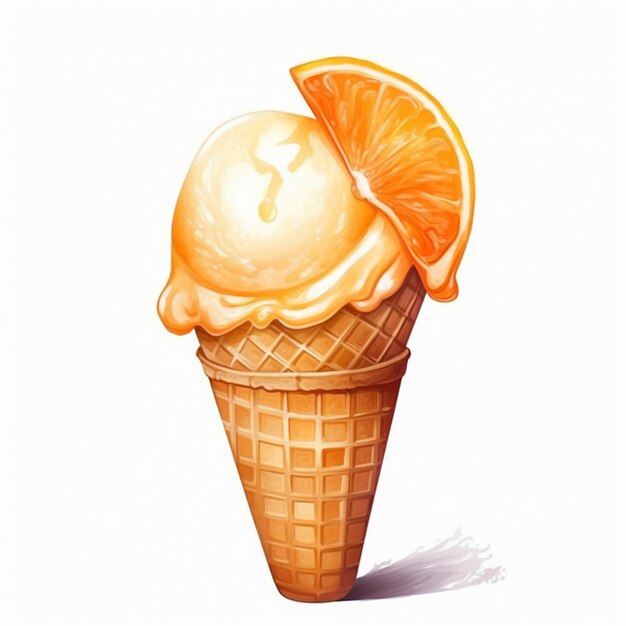 Há um cone de sorvete com uma fatia de laranja no topo.