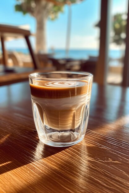 Há um copo de café sentado em uma mesa em um restaurante generativo ai