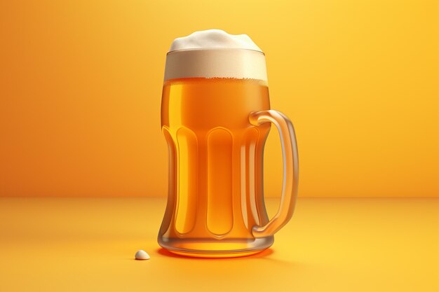 Há um copo de cerveja com uma cabeça espumosa em um fundo amarelo generativo ai