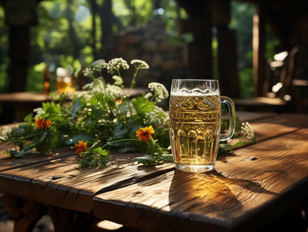 Há um copo de cerveja sentado em uma mesa de madeira generativa ai