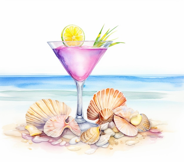 Foto há um copo de martini com uma fatia de limão na praia.