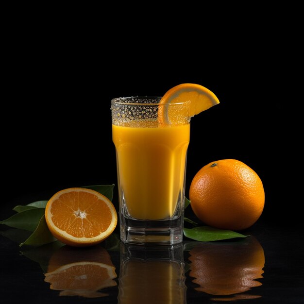 Há um copo de suco de laranja com uma fatia de laranjeira na borda generativa ai