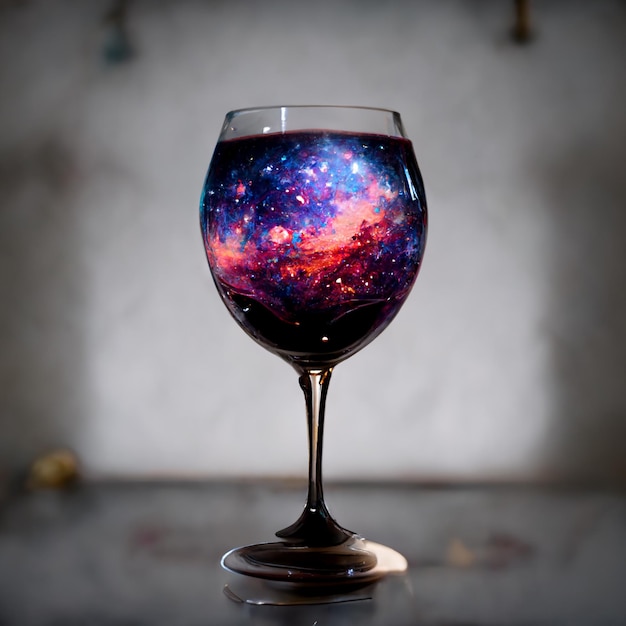 Há um copo de vinho com um desenho de galáxia nele.