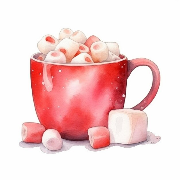 Há um copo vermelho cheio de marshmallows e marshmallow generativo ai