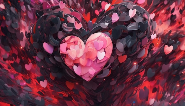 Há um coração feito de corações em um fundo vermelho generativo ai