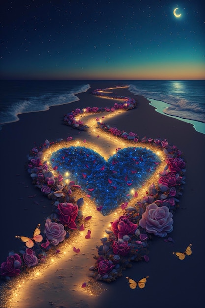 Há um coração feito de flores na praia