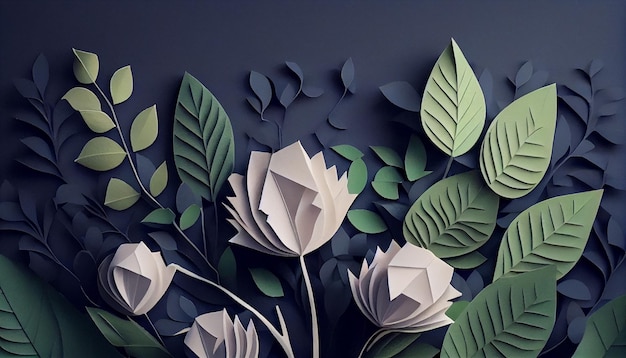 Há um corte de papel de flores e folhas em uma parede generativa ai