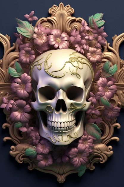 Há um crânio com uma decoração floral nele.