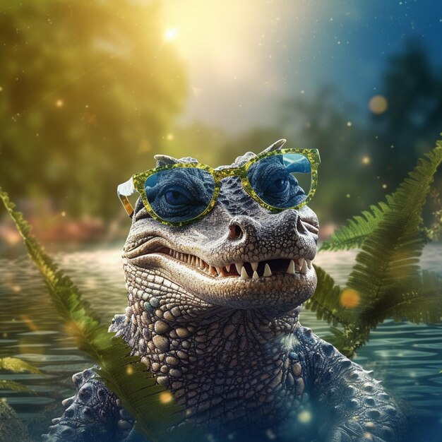 Foto há um crocodilo com óculos de sol na água geradora de ia