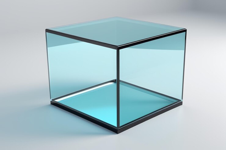 Foto há um cubo de vidro com uma base preta e um topo azul