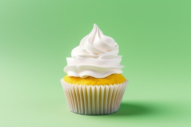 Há um cupcake com glacê branco sobre um fundo verde generativo ai