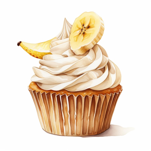 Há um cupcake com uma banana em cima dele.