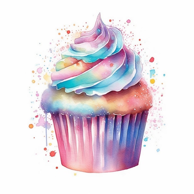Há um cupcake com uma cobertura de arco-íris nele.