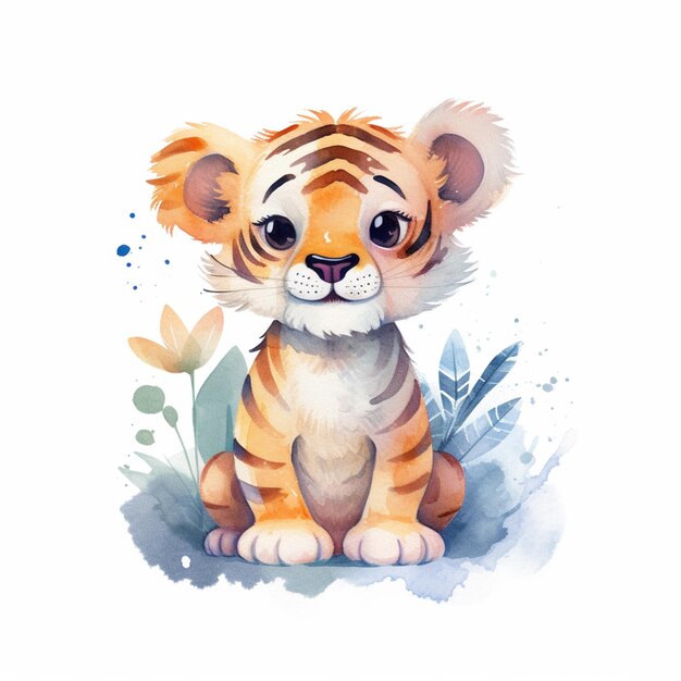 Há um desenho a aquarela de um filhote de tigre sentado no chão.