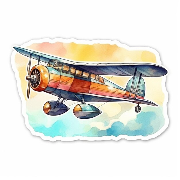 Foto há um desenho a aquarela de um pequeno avião voando no céu.