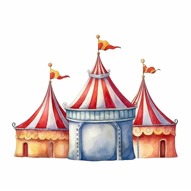 Há um desenho a aquarela de uma tenda de circo com bandeiras generativas ai