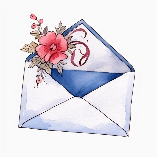 Foto há um desenho de aquarela de um envelope com um ai gerador de flores