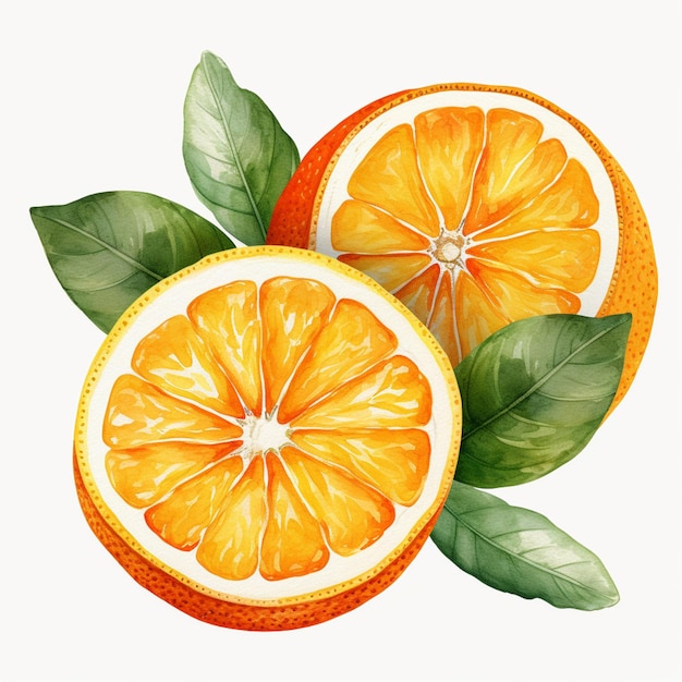 Há um desenho de metade de uma laranja com folhas generativas ai