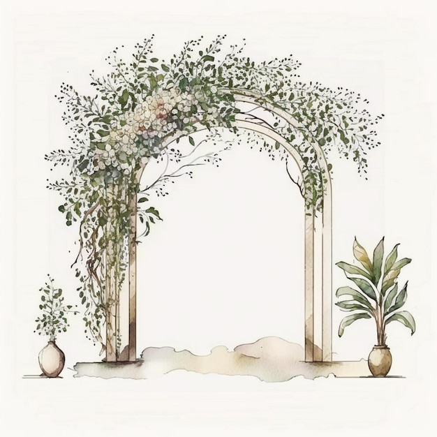 Há um desenho de um arco de jardim com flores e plantas generativas ai