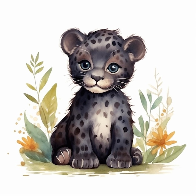 Há um desenho de um bebê leopardo sentado na grama generativa ai