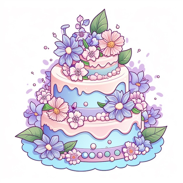 Há um desenho de um bolo de três camadas com flores nele.