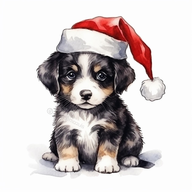 Há um desenho de um cachorrinho vestindo um chapéu de Papai Noel.