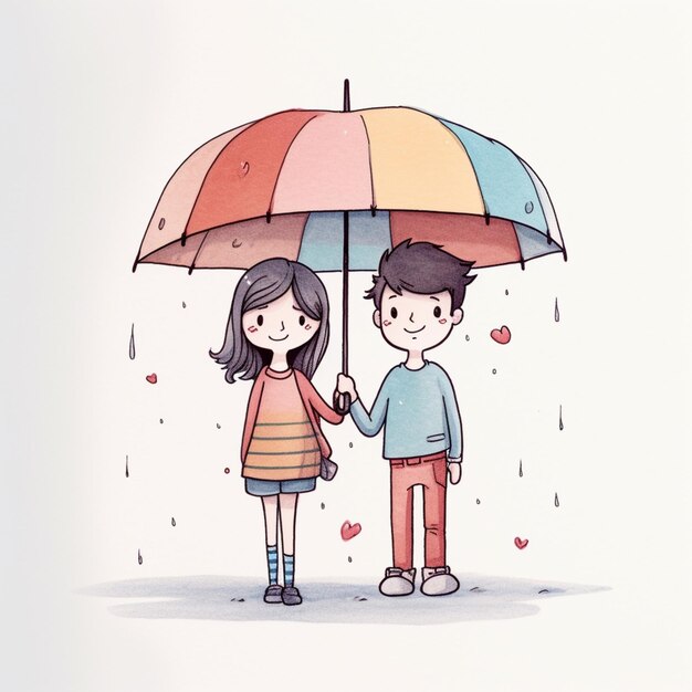 Foto há um desenho de um casal de mãos dadas debaixo de um guarda-chuva.