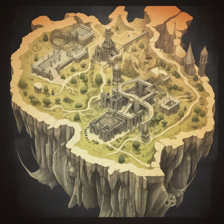 Foto há um desenho de um castelo num penhasco com um castelo no topo.