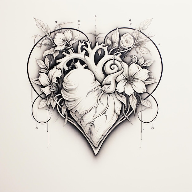 Há um desenho de um coração com flores e um pássaro generativo ai