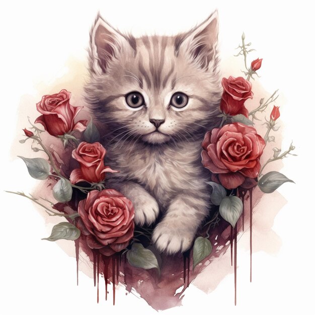 Foto há um desenho de um gatinho com rosas nele.