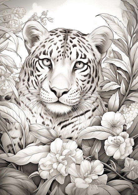 há um desenho de um leopardo em um campo de flores generativo ai