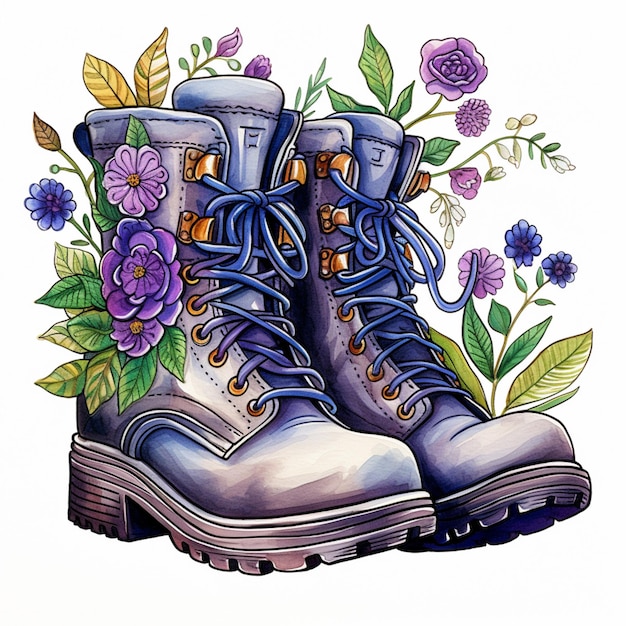 Foto há um desenho de um par de botas com flores generativas ai