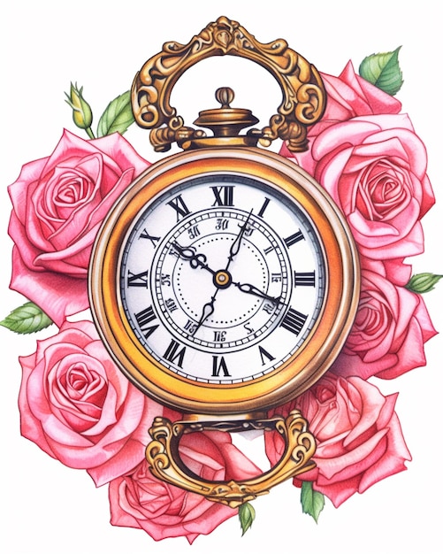 Há um desenho de um relógio com rosas ao redor ai generativo