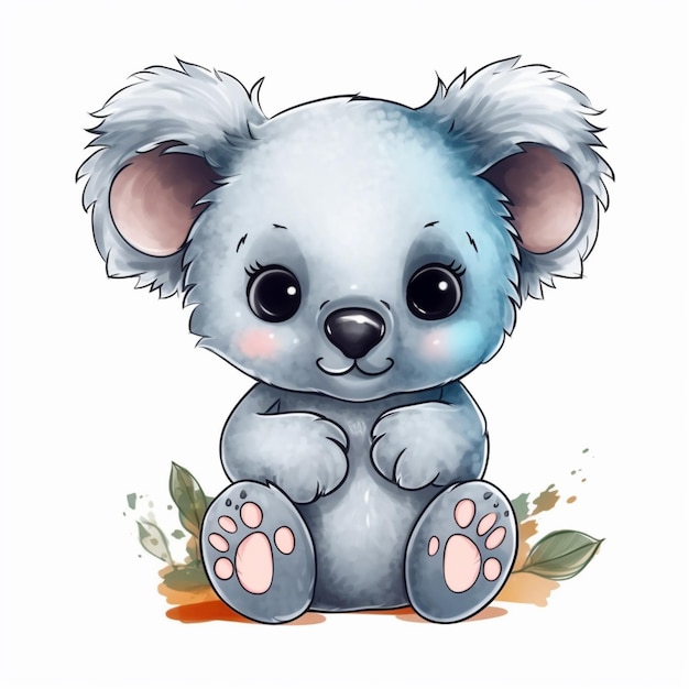 Há um desenho de um urso koala sentado no chão.