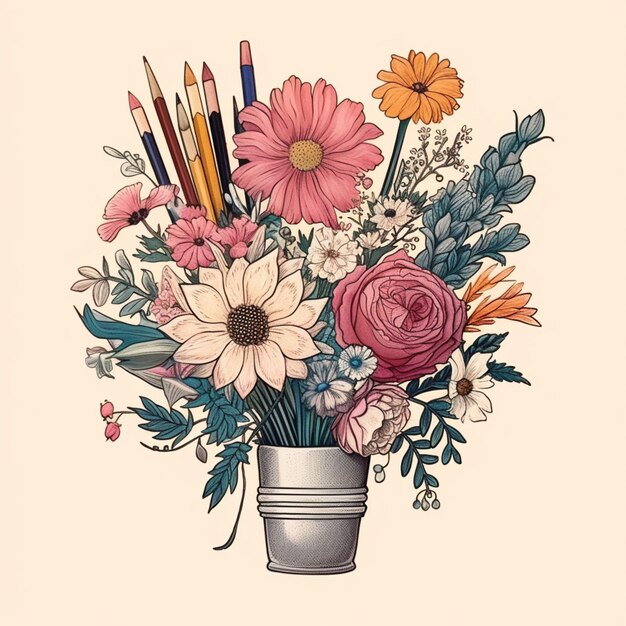 Há um desenho de um vaso com flores e lápis generativo ai