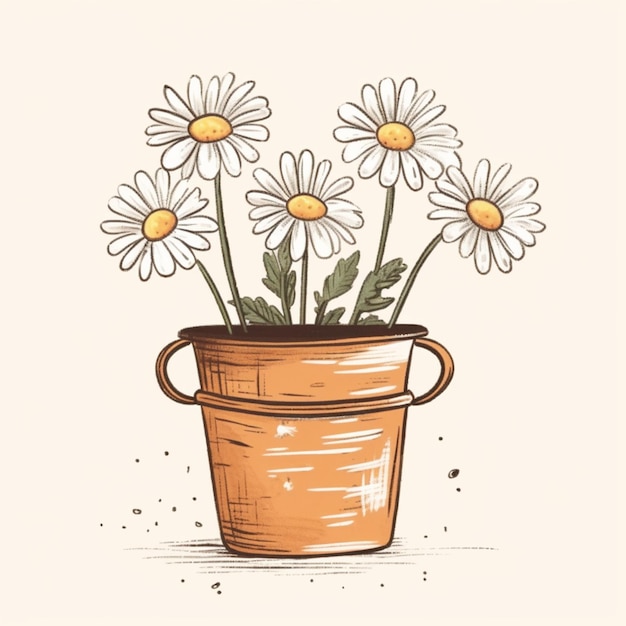 Há um desenho de um vaso de flores com margaridas nele.