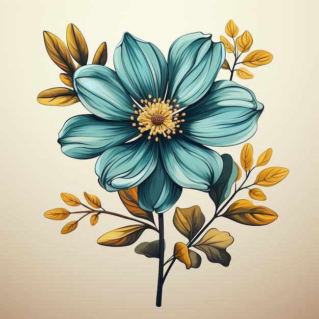 Há um desenho de uma flor azul com folhas amarelas generativa ai