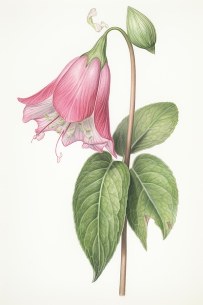 Há um desenho de uma flor rosa com folhas verdes generativa ai