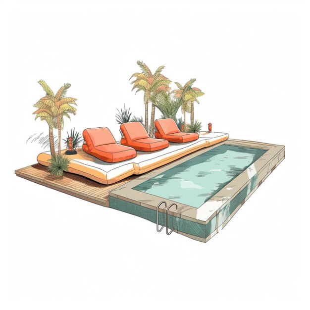 Há um desenho de uma piscina com poltronas e palmeiras.