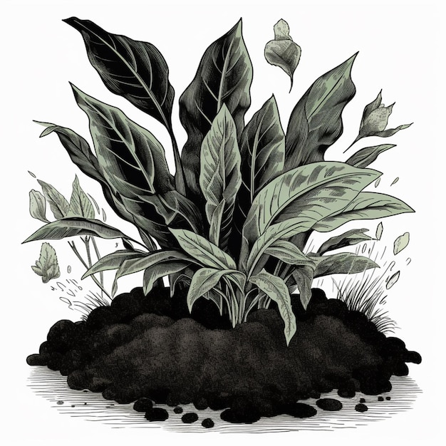 Há um desenho de uma planta crescendo de uma pilha de sujeira generativa ai